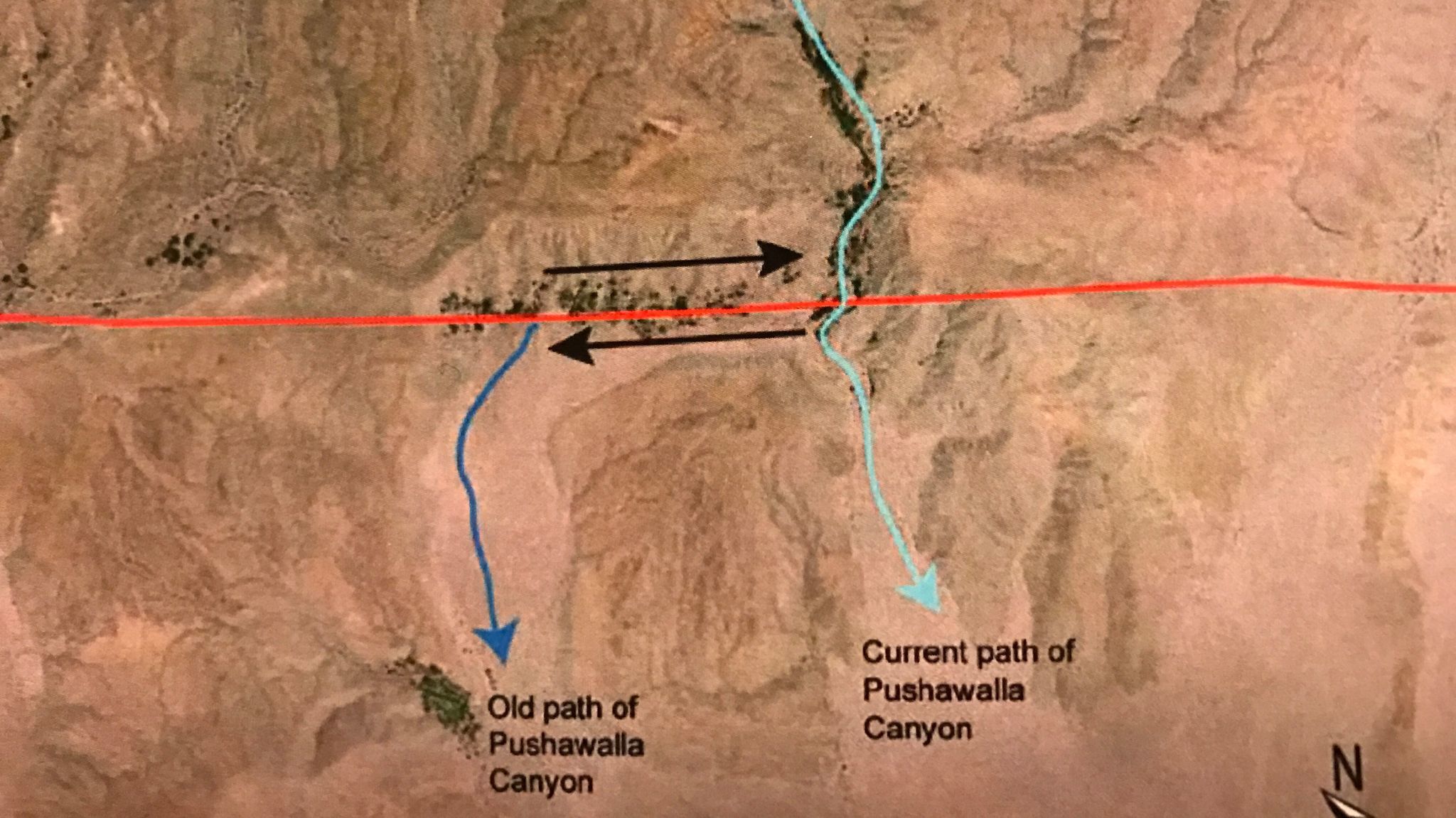 The old path of the Pushawalla Canyon was carved into Earth 32,000 years ago, according to U.S. Geological Survey research geologist Kate Scharer. Since then, the lower part of the canyon has been moving left, to the northwest, and has moved half a mile so far.