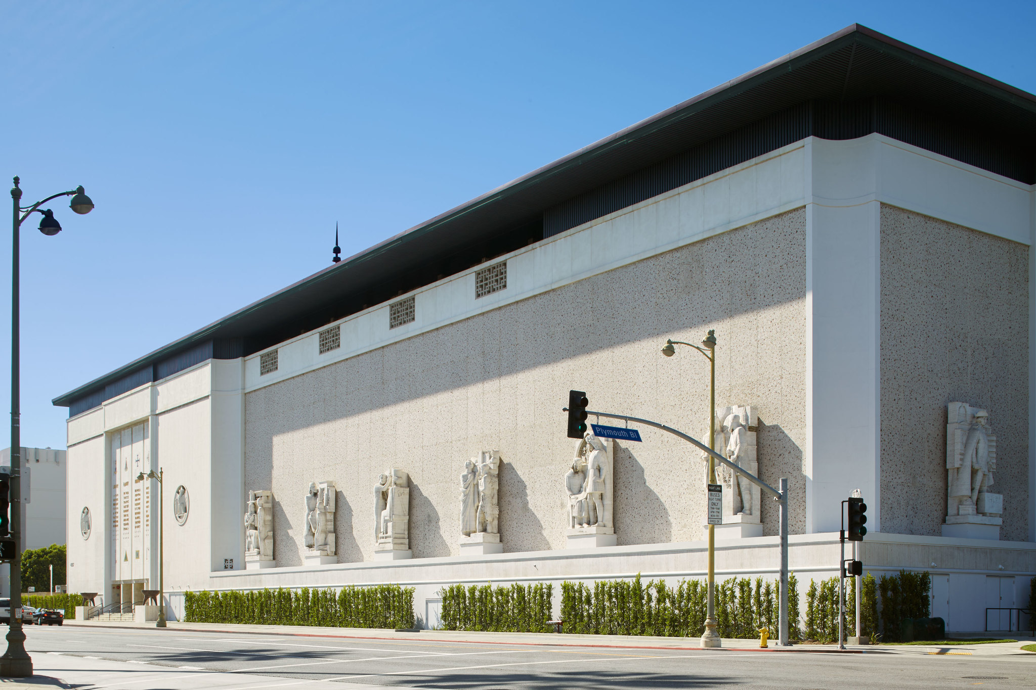 The exterior of the Marciano Art Foundation, housed in the former Scottish Rite Masonic Temple on Wilshire Boulevard in Los Angeles.