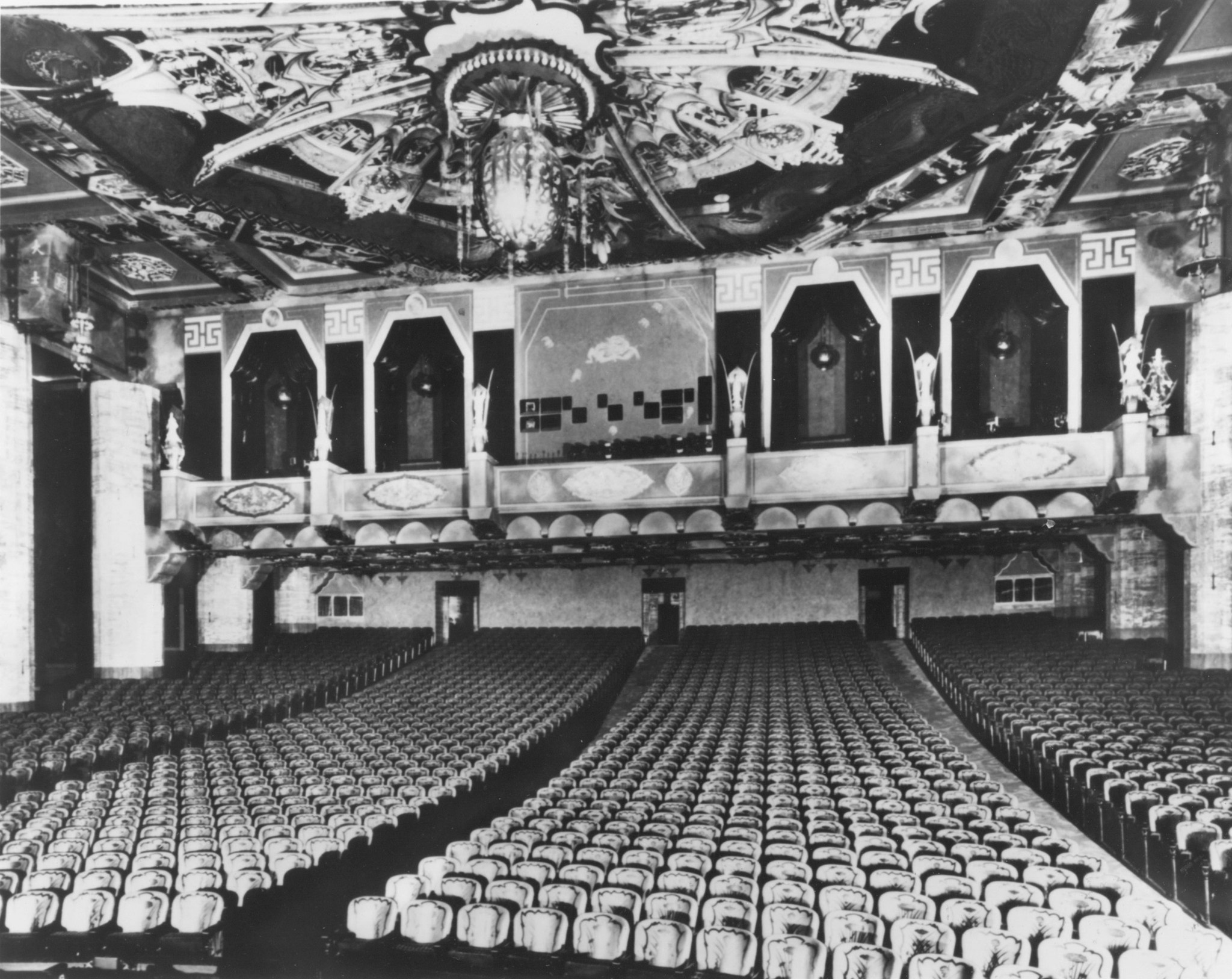 A vintage shot of the inside the Chinese-themed movie palace that Sid Grauman built.