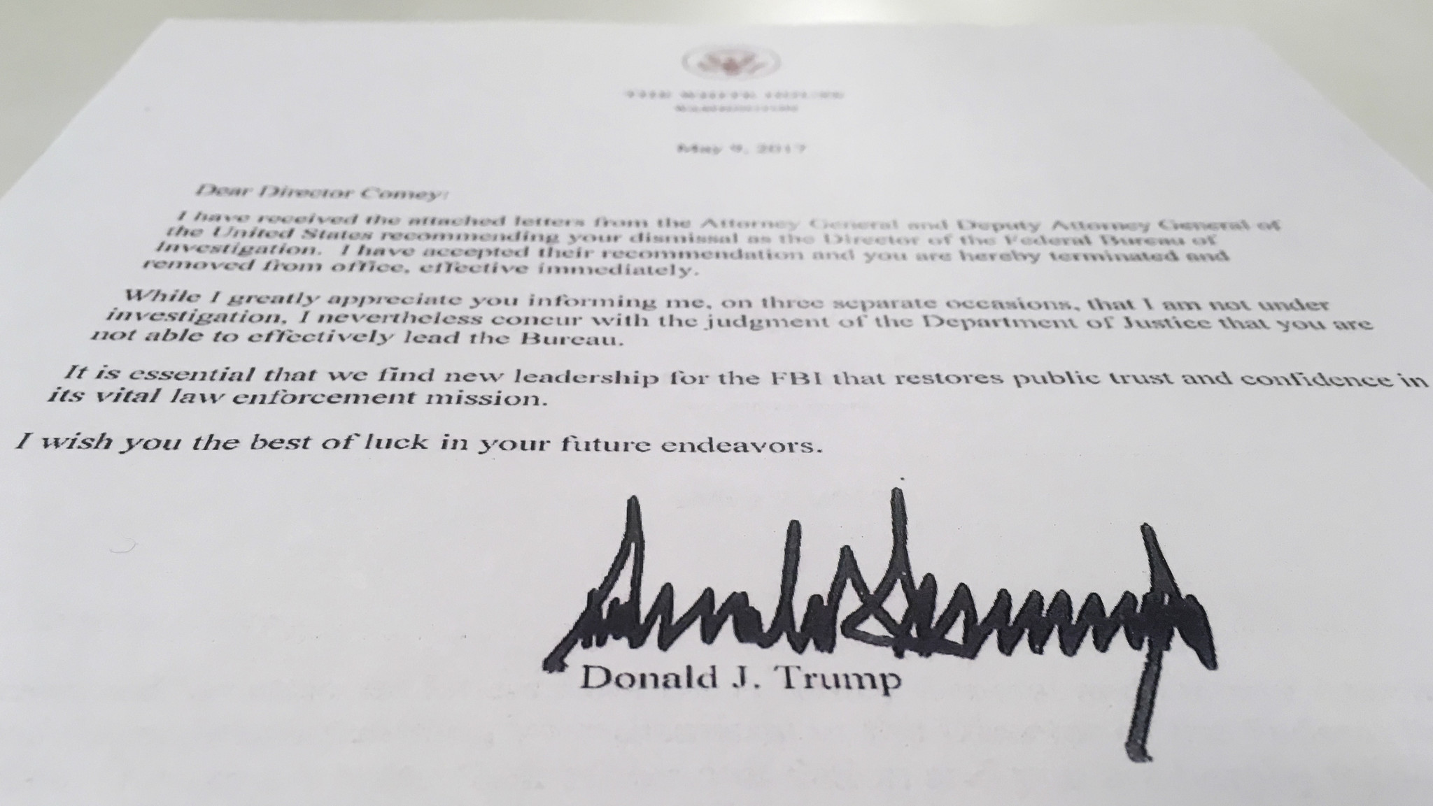 The termination letter from President Trump to FBI Director James B. Comey.