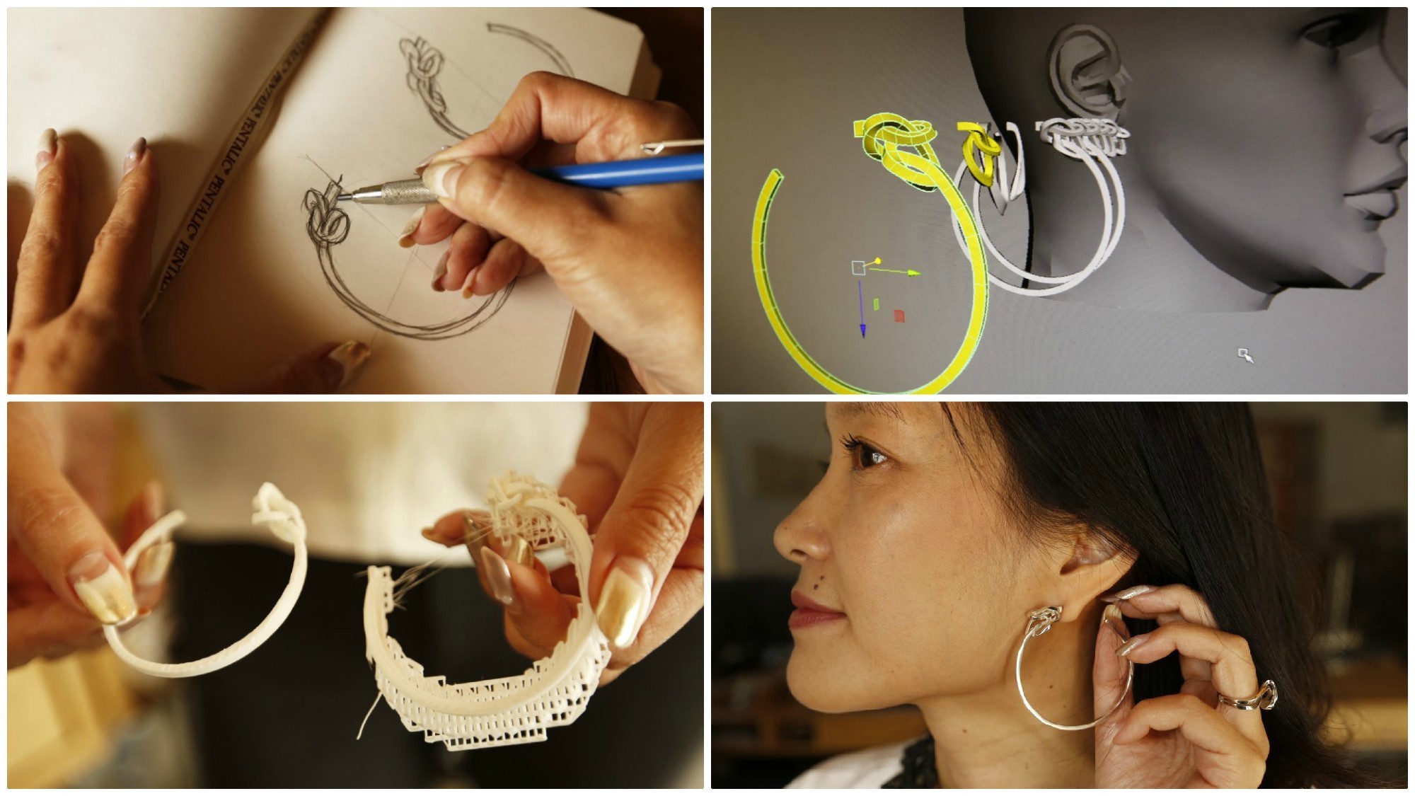 The steps Wu takes in making 3-D printed jewelry include hand sketches, computer modeling and plastic forms.