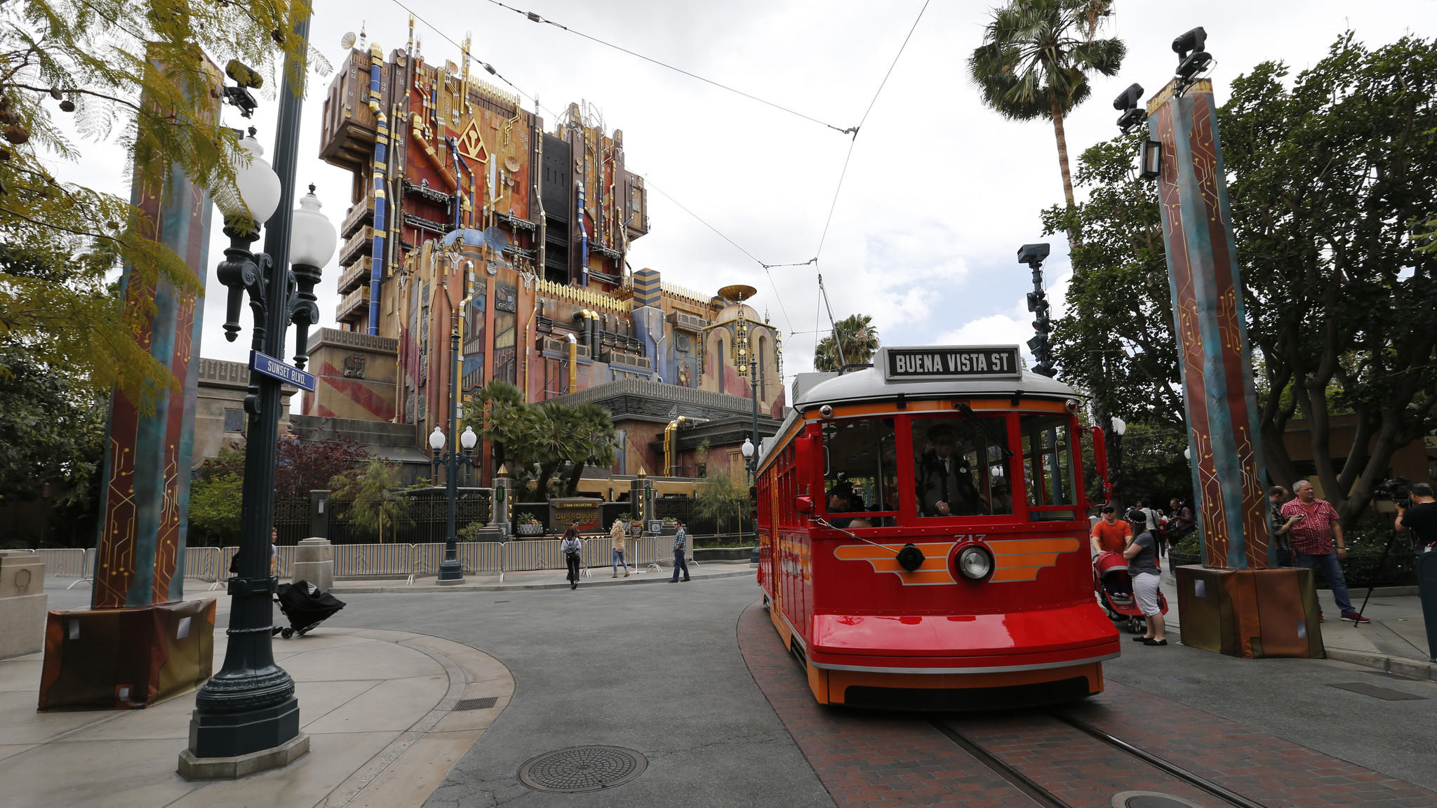 An exterior view of the Guardians of the Galaxy: Mission Breakout ride in Anaheim shortly before the crowds showed up for its May debut.