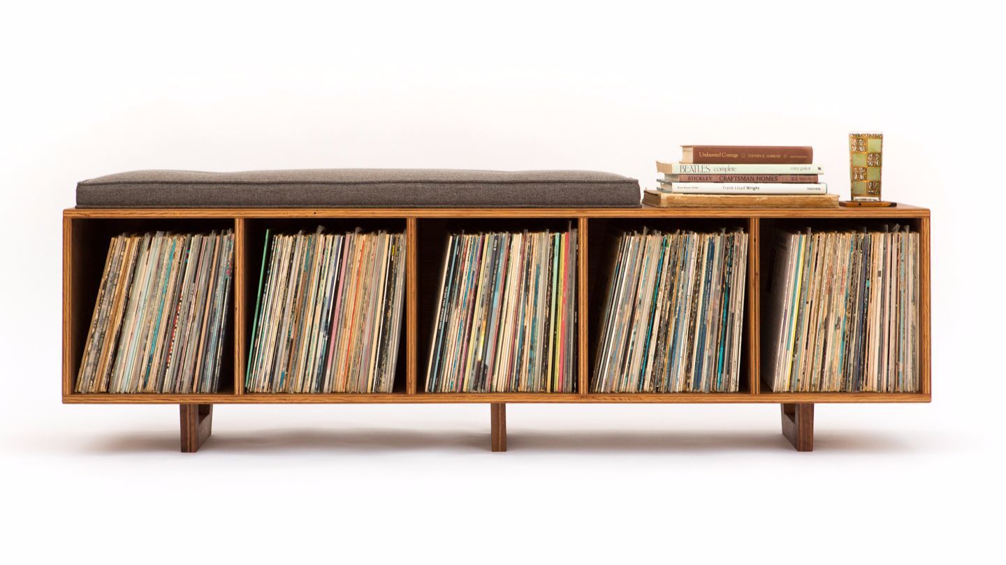 A vinyl LP storage bench by Long Beach designer Peter Deeble.