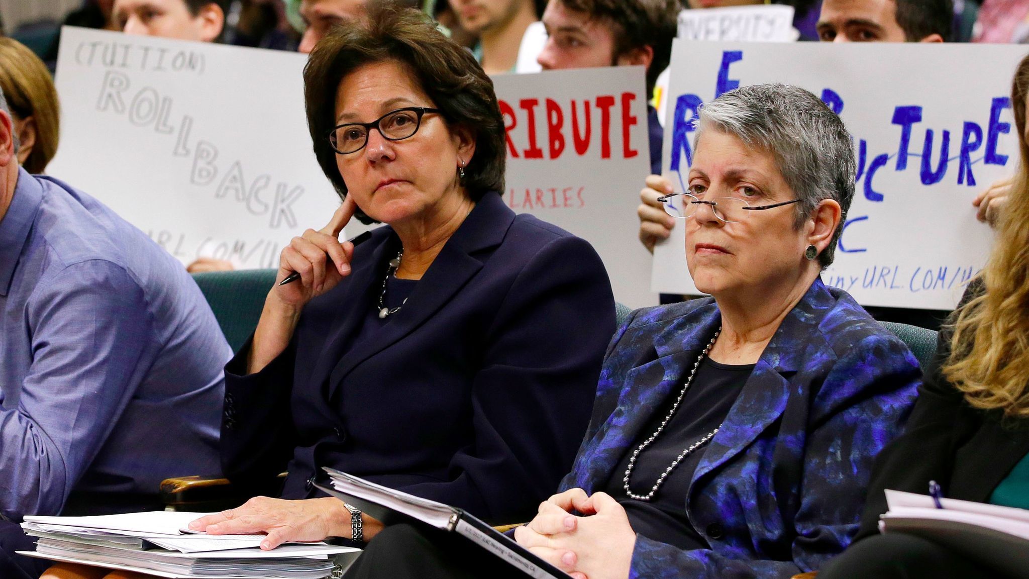 Monica Lozano, left, chair of the University of California Board of Regents, and UC President Janet Napolitano at a legislative hearing in the wake of a scathing audit on spending by Napolitano's office.