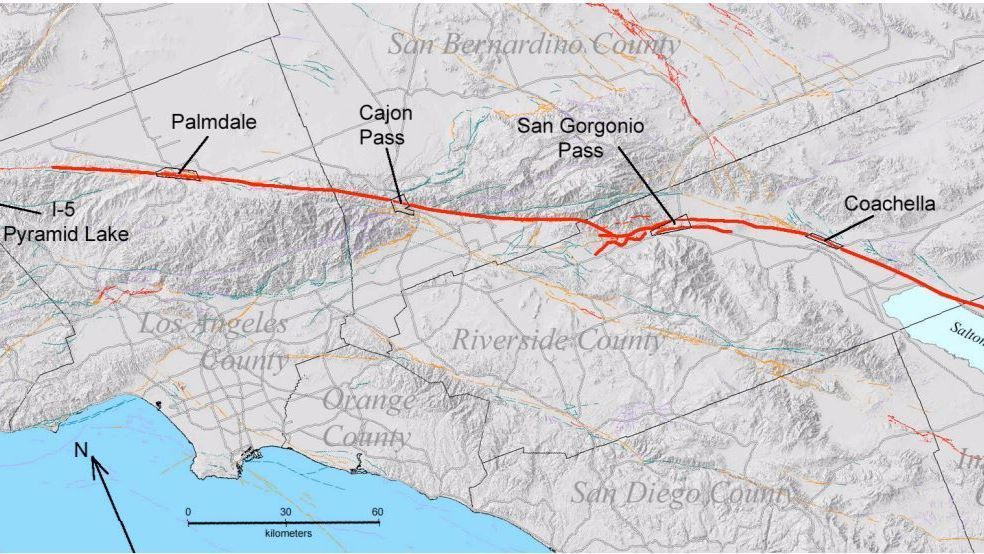 The San Andreas fault, in heavy red, slices through key mountain passes including the San Gorgonio Pass and the Cajon Pass.