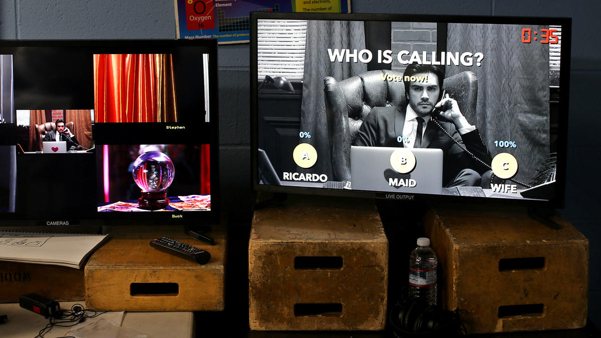 The screen at right shows the Facebook Live audience voting during a scene in Super Deluxe's "El Hogar Es Donde Esta La Casa."