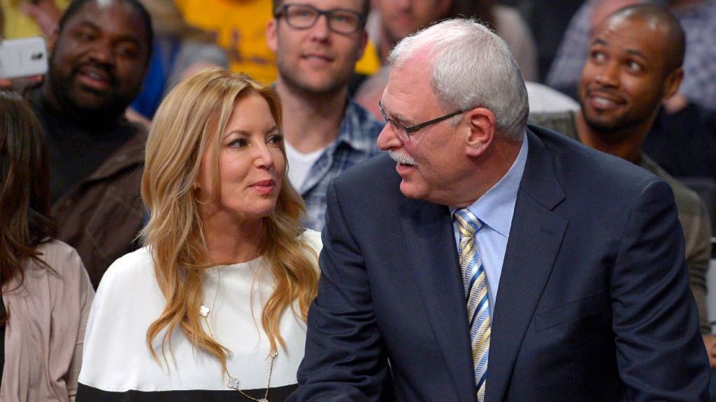 Lakers president Jeanie Buss and former Lakers Coach Phil Jackson during a game against the Mavericks at Staples Center on April 2, 2013.