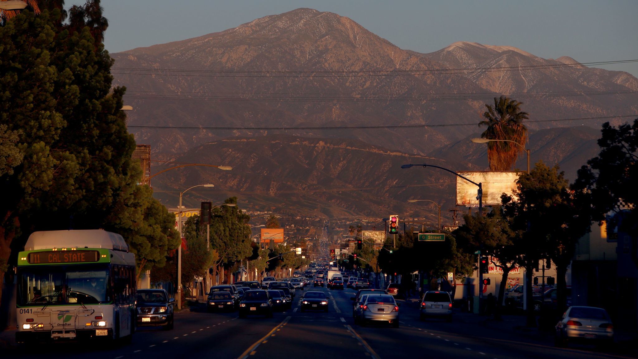 Dusk settles on Baseline Street in San Bernardino in February 2015. On June 15, 2017, the city officially emerged from bankruptcy, but it will probably continue to struggle to bring in revenue.