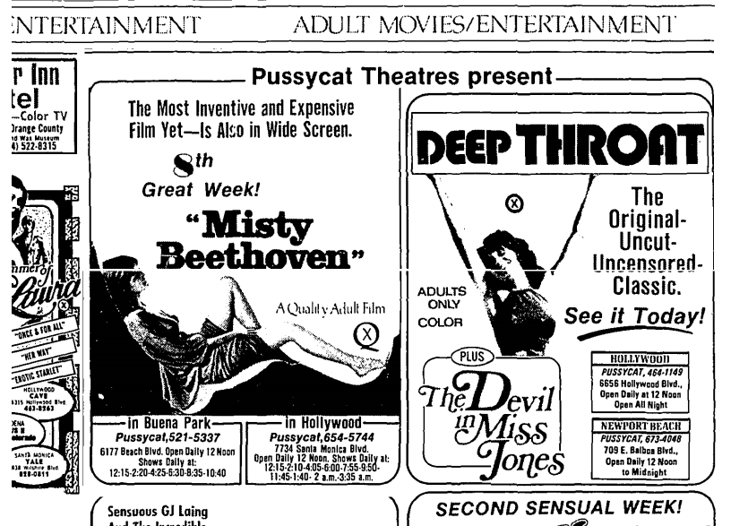 In the 1970s, the era of "porno chic," The Times ran ads for adult theaters — including for screenings of "Deep Throat" and "Misty Beethoven."
