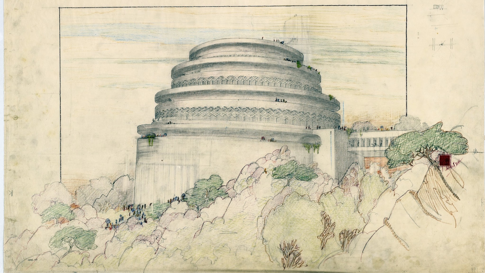 Only about half of Frank Lloyd Wright's designs were built. This drawing was for a scenic overlook and planetarium atop Maryland's Sugarloaf Mountain, a 1920s project that was never built. The drawing is part of the exhibit at New York's Metropolitan Museum of Art.