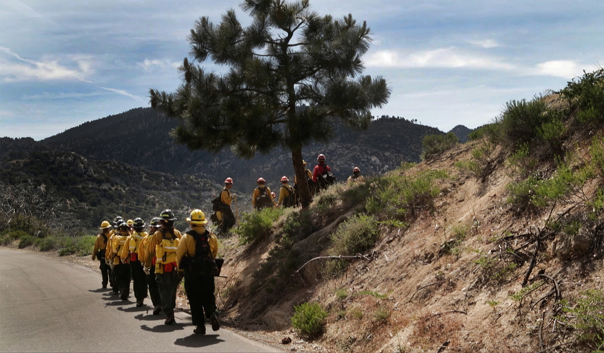 The group gathers for the class’ last drill, designed to simulate fully containing a fire on a brush-choked hillside.