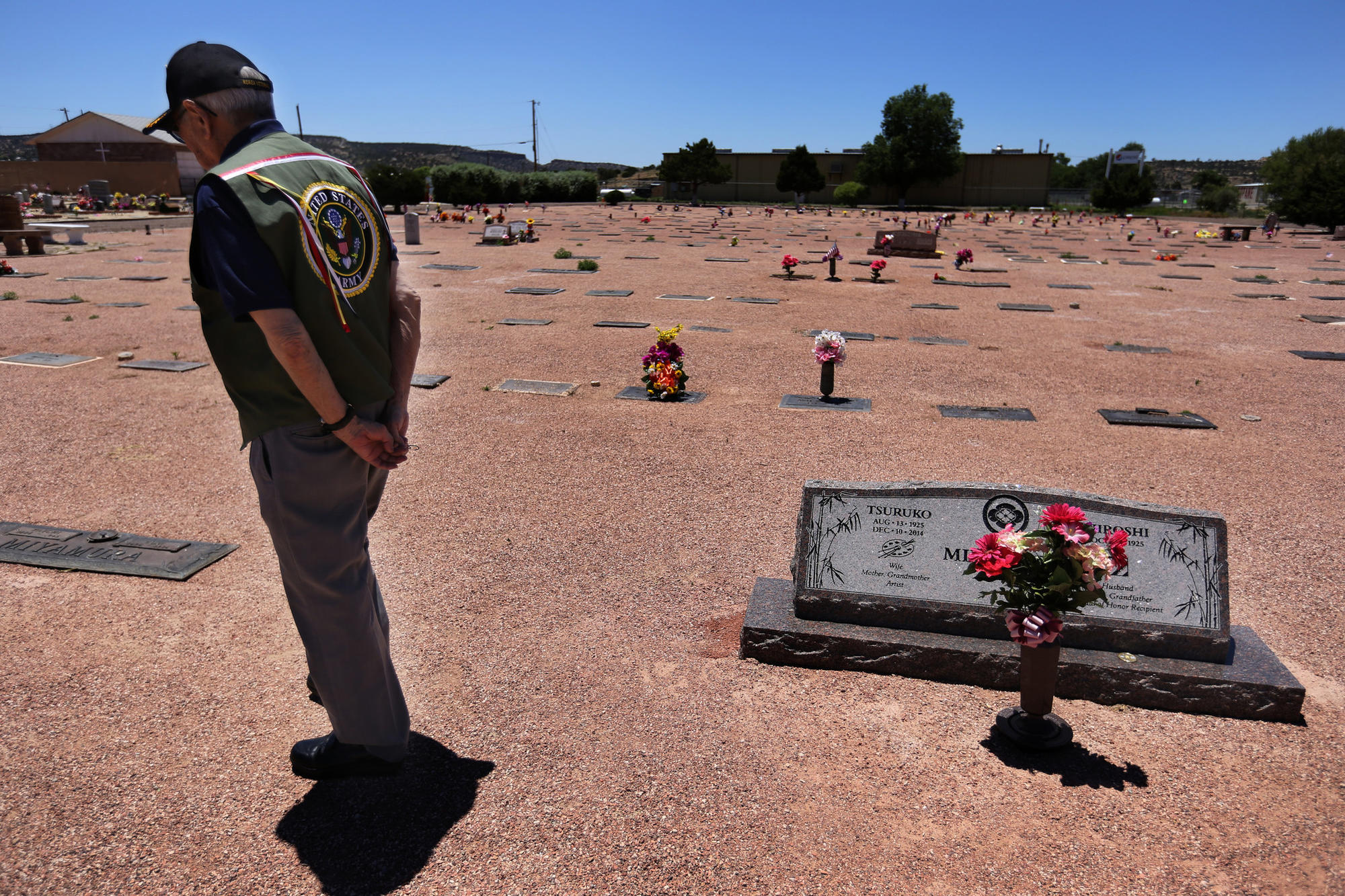 Hiroshi Miyamura visits the grave where his wife, Terry, is buried. His wife died two years ago, and he still lives in the ranch house in which they raised three children.