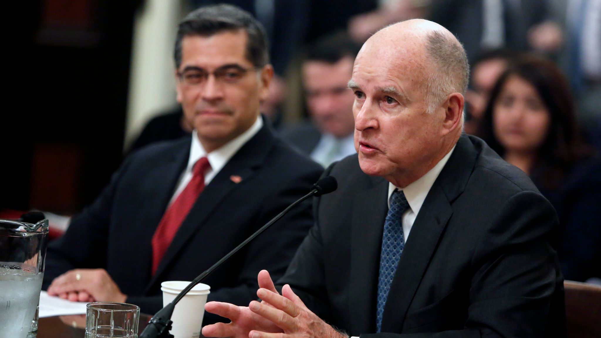 Gov. Jerry Brown introduces then-Rep. Xavier Becerra at an Assembly confirmation hearing in January.