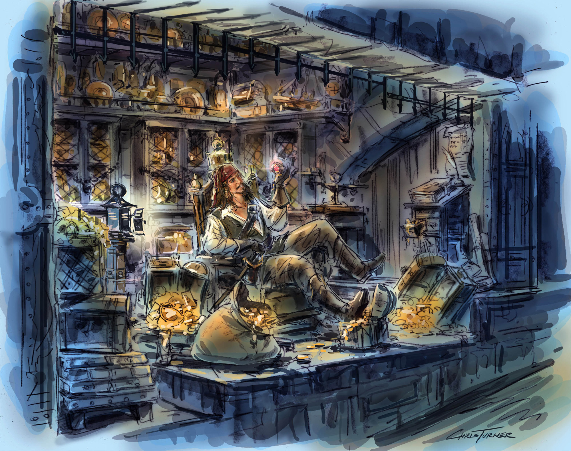 An artist's rendering of Jack Sparrow in the Pirates attraction.