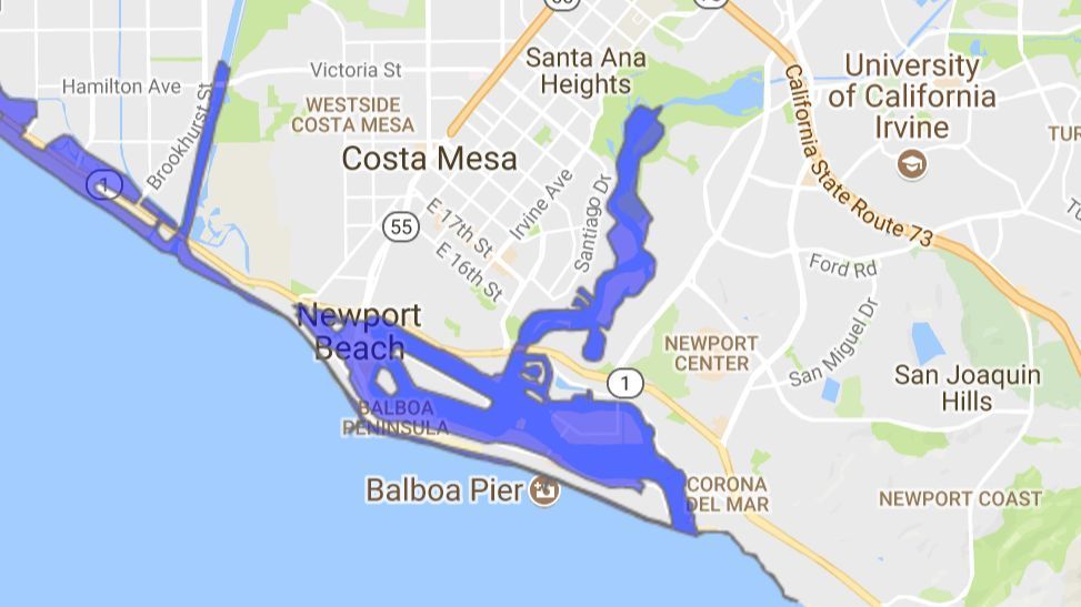 Areas of Newport Beach that could be at risk of flooding in a hypothetical tsunami.