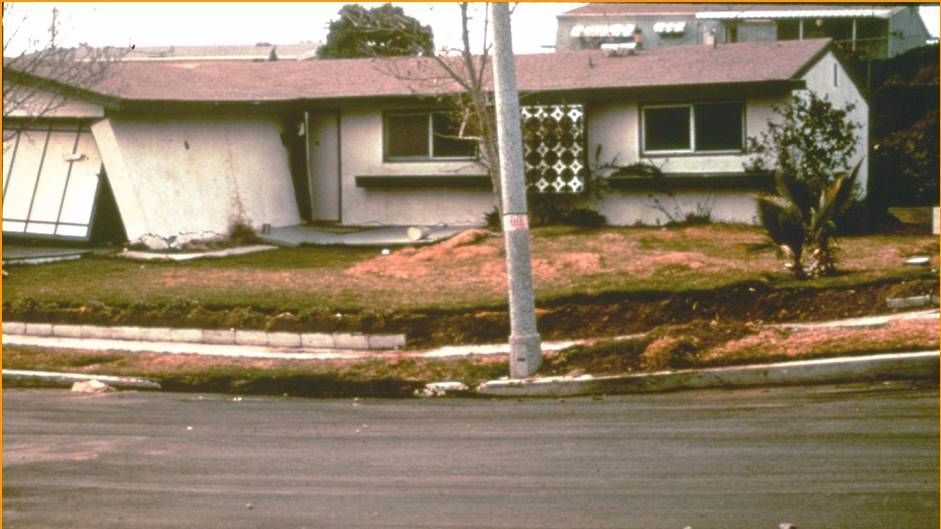 The fault that moved during the 1971 Sylmar earthquake broke the ground through this home. Before the earthquake, the street and lawn were flat. Damage from this earthquake resulted in a state law being passed banning new construction on top of faults in state-mapped zones.