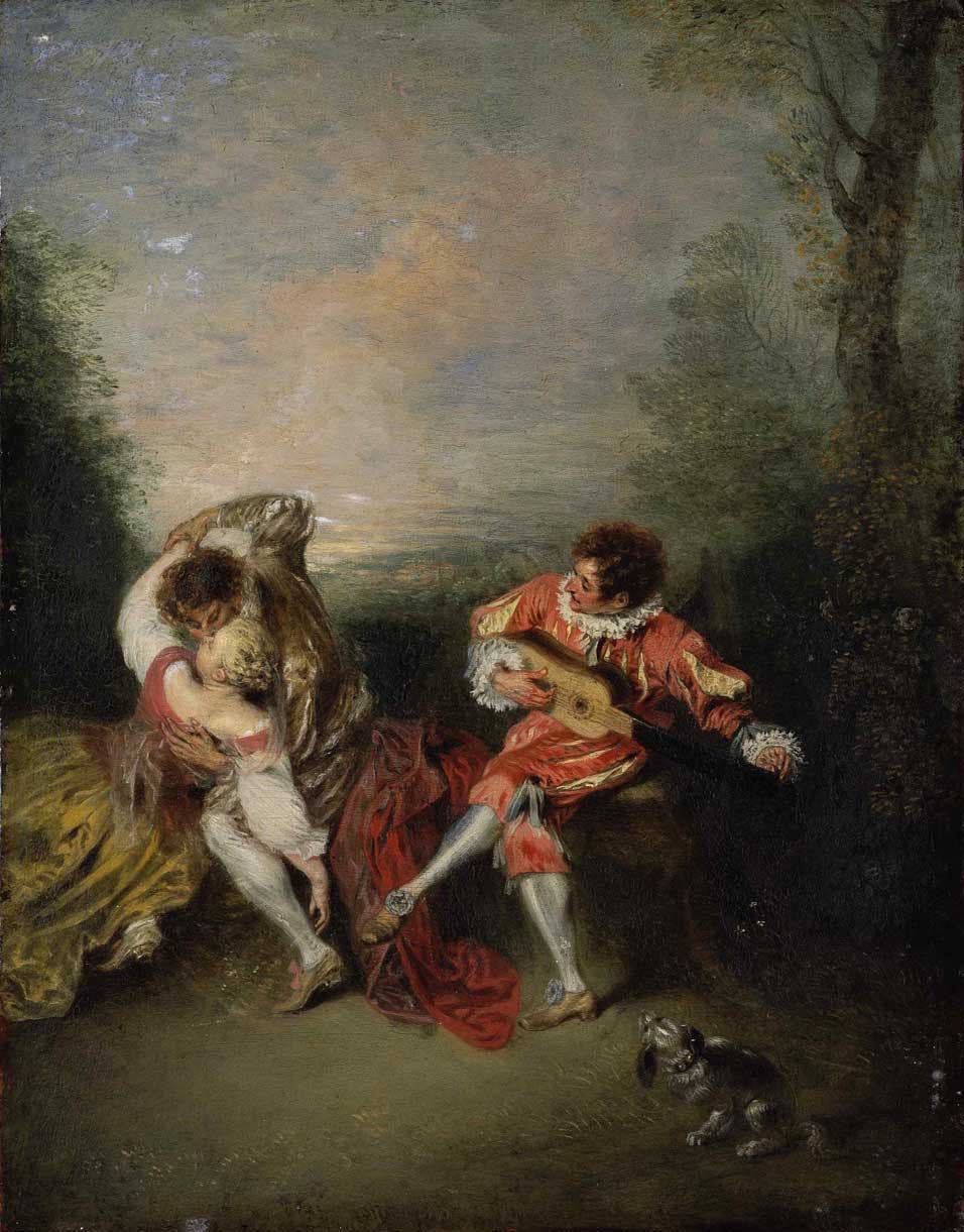 Jean-Antoine Watteau, "The Surprise," circa 1718, oil on panel