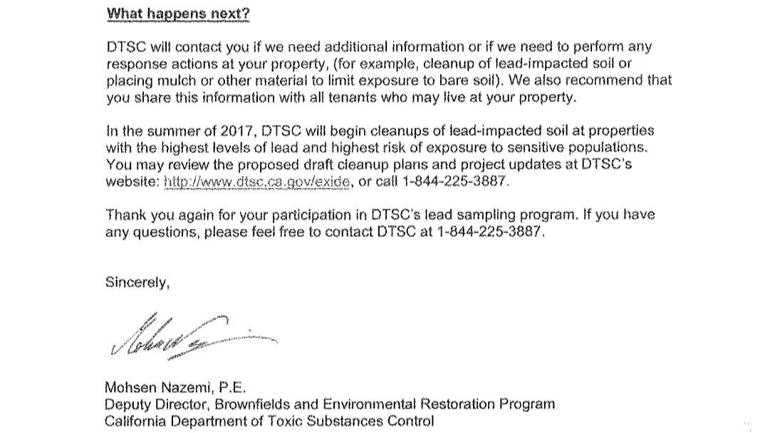 A screenshot from a June 2017 Department of Toxic Substances Control letter to a property owner whose lead-contaminated soil does not appear to meet the threshold for inclusion in the 2,500-property cleanup plan.