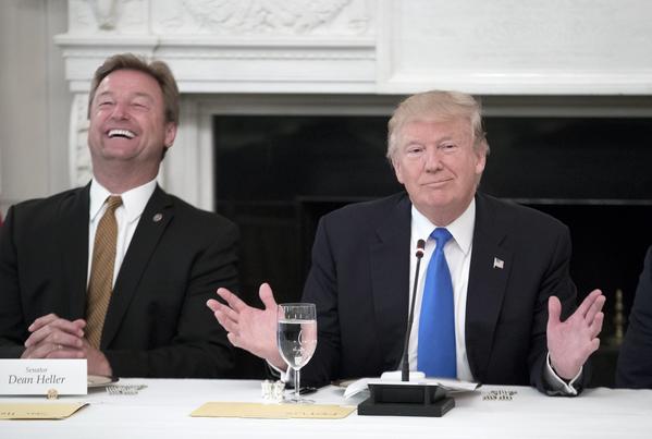 President Trump with Republican Sen. Dean Heller of Nevada, who is up for reelection next year. (Michael Reynolds / EPA)