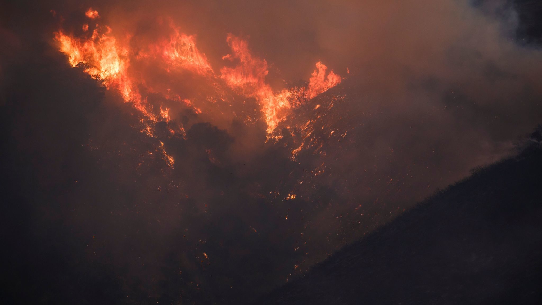 Fire climbs up a hill as the northern front of the Detwiler wildfire burns outside of Coulterville, Calif., on July 20.