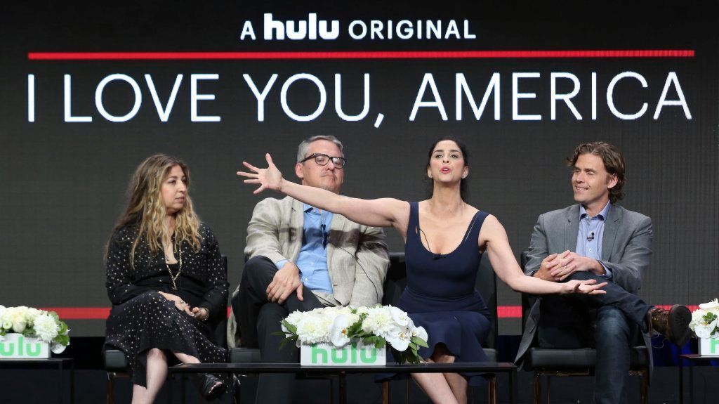 Executive producers Amy Zvi, left, and Adam McKay, star/executive producer Sarah Silverman and executive producer Gavin Purcell at Hulu's "I Love You, America" panel at the TCA summer press tour. (Willy Sanjuan / Invision/Associated Press)