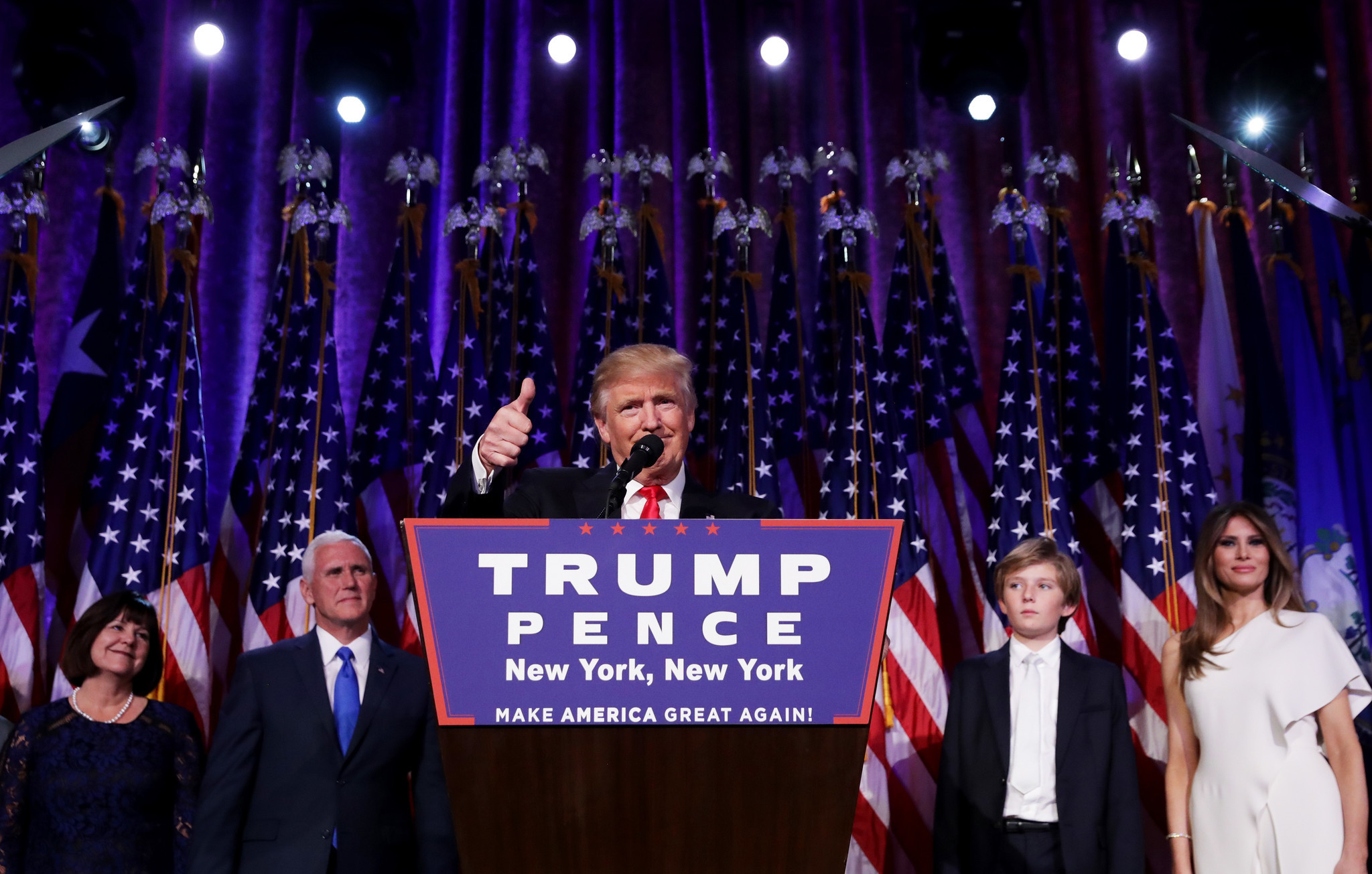 Donald Trump delivers his acceptance speech at the New York Hilton Midtown on election night in November.