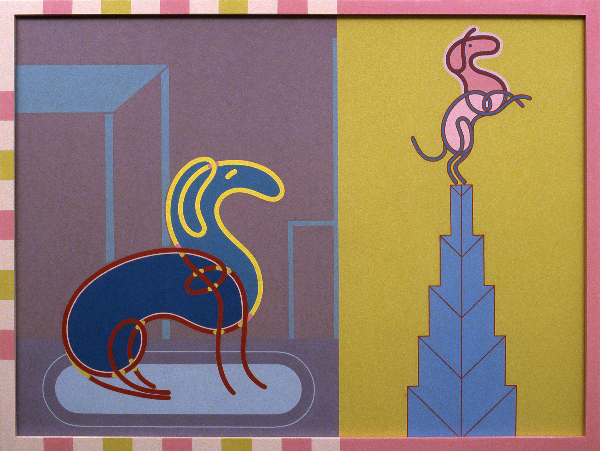 Barbara Rossi's “Dog Gone Heads or Tails (Dog-Matic),” 1982, acrylic on Masonite panel in artist’s frame, 36 inches by 48 inches by 2 inches