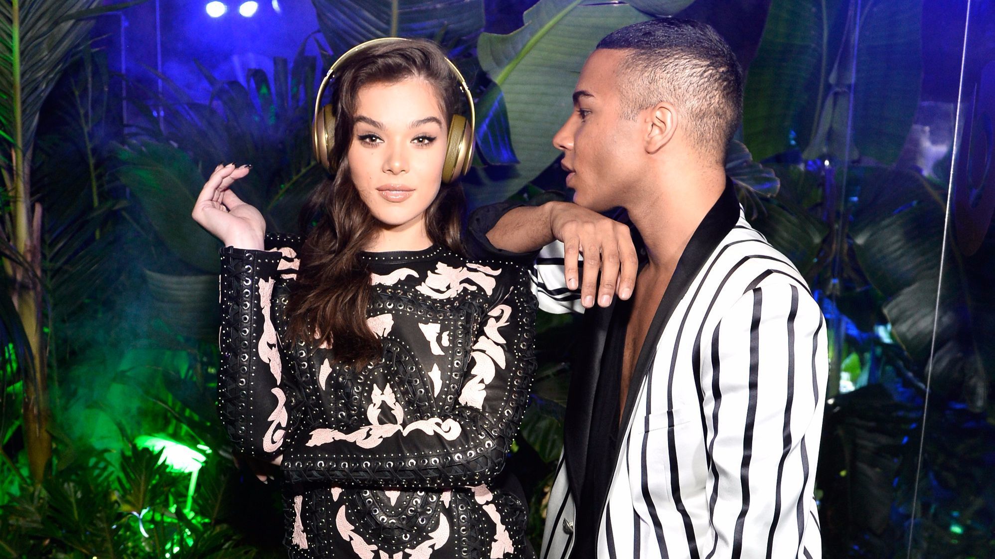 Actress Hailee Steinfeld and Balmain creative director Olivier Rousteing at the Balmain and Beats by Dre collaboration party in Beverly Hills.
