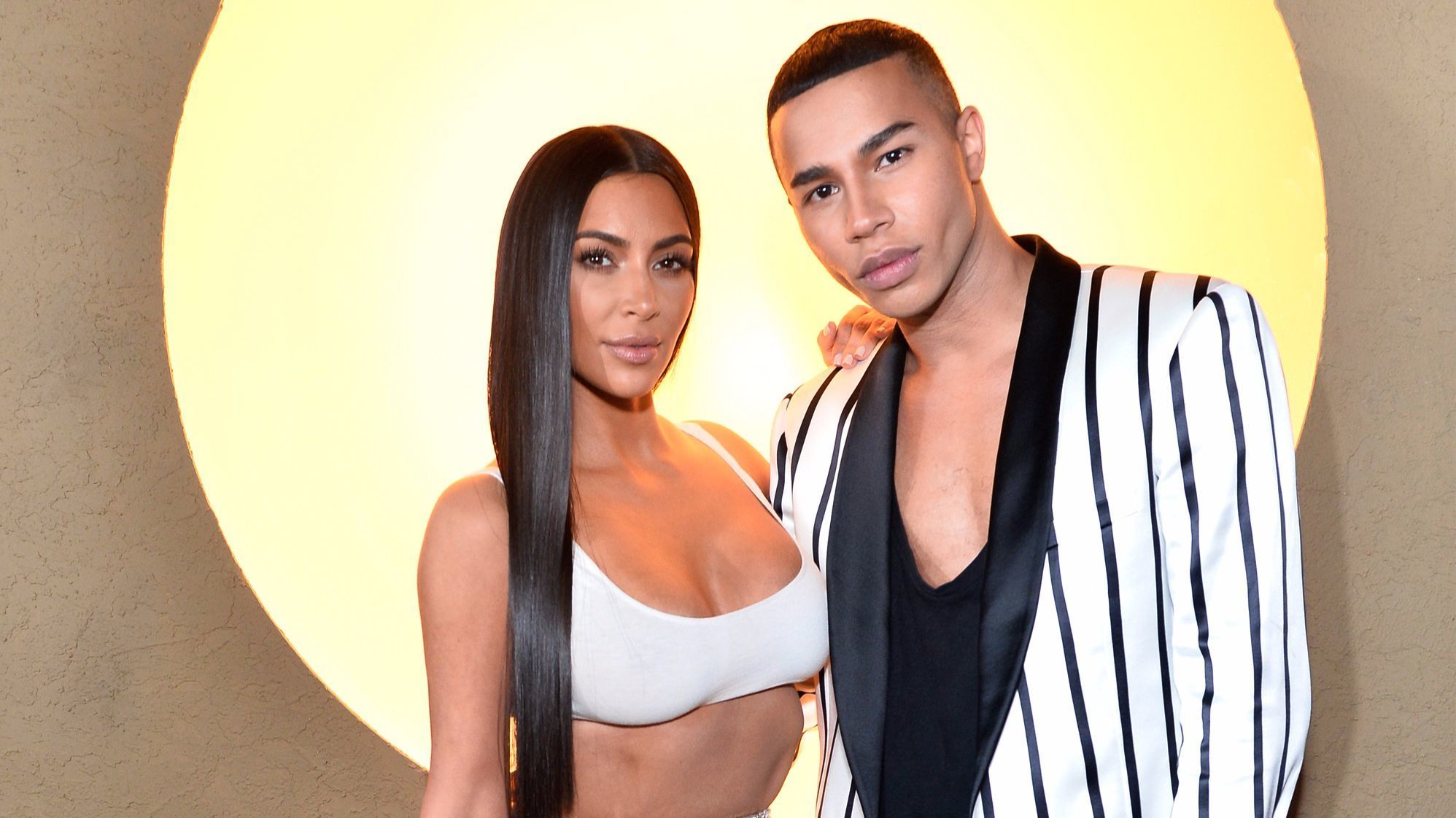 Kim Kardashian West and Olivier Rousteing at  at the Balmain and Beats by Dre collaboration party in Beverly Hills.