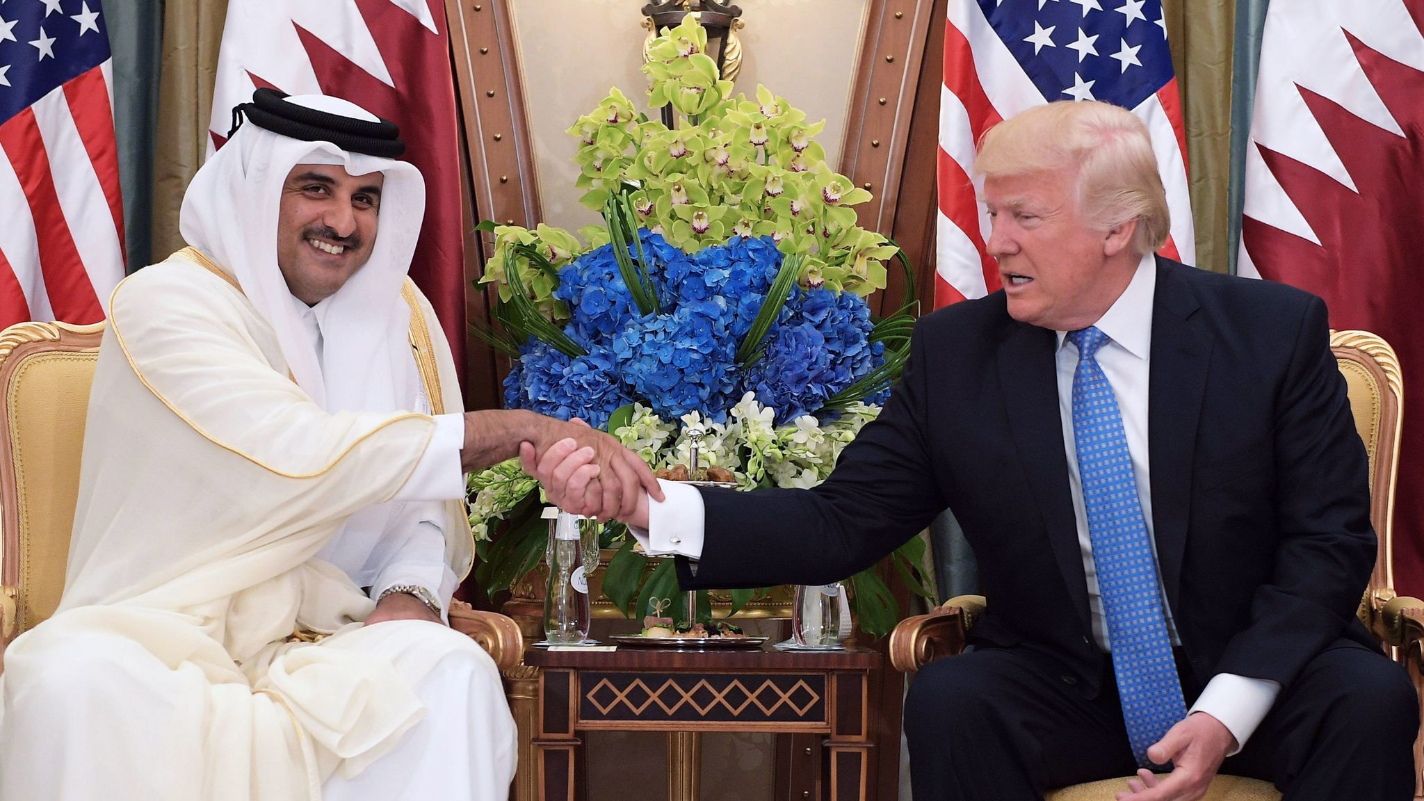 President Trump and Qatar's Emir Sheik Tamim bin Hamad al Thani during a bilateral meeting at a hotel in the Saudi capital, Riyadh, in May 2017.