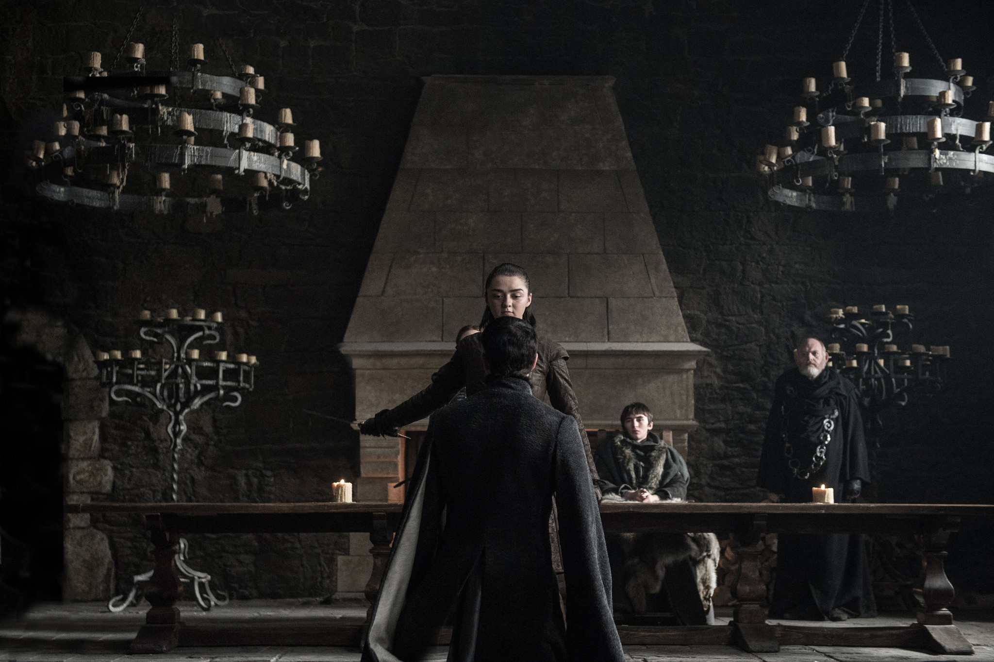 Maisie Williams as Arya Stark, Aidan Gillen as Petyr “Littlefinger” Baelish and Isaac Hempstead Wright as Bran Stark in the "Game of Thrones" episode “The Dragon and the Wolf.”