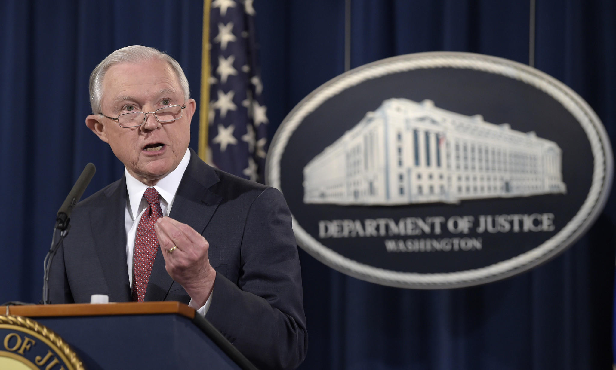 U.S. Atty. Gen. Jeff Sessions speaks at the Justice Department about President Obama's Deferred Action for Childhood Arrivals program. (Susan Walsh / Associated Press)