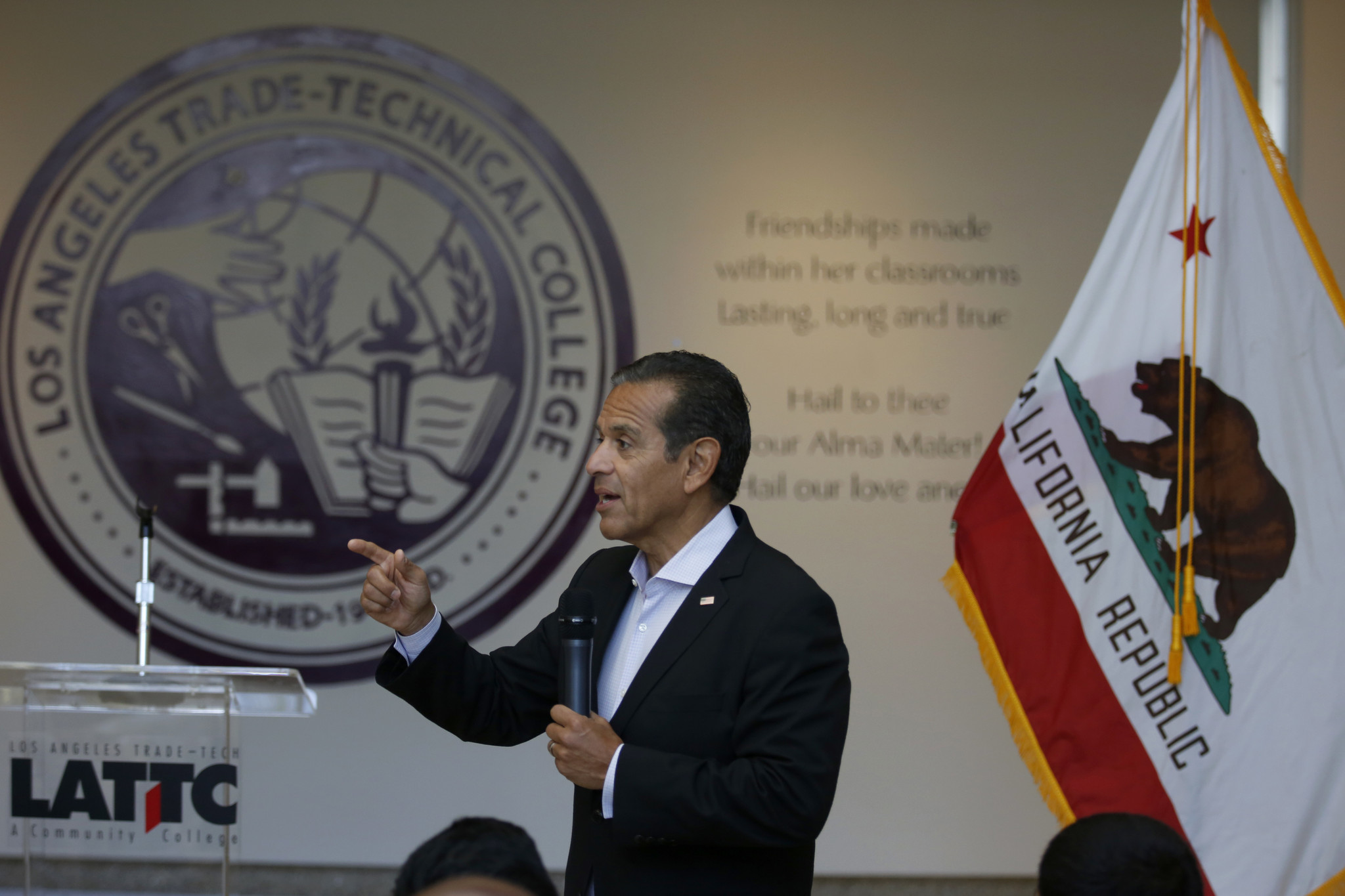 Former Los Angeles Mayor Antonio Villaraigosa speaks at at Los Angeles Trade-Technical College on Aug. 29. (Francine Orr / Los Angeles Times)