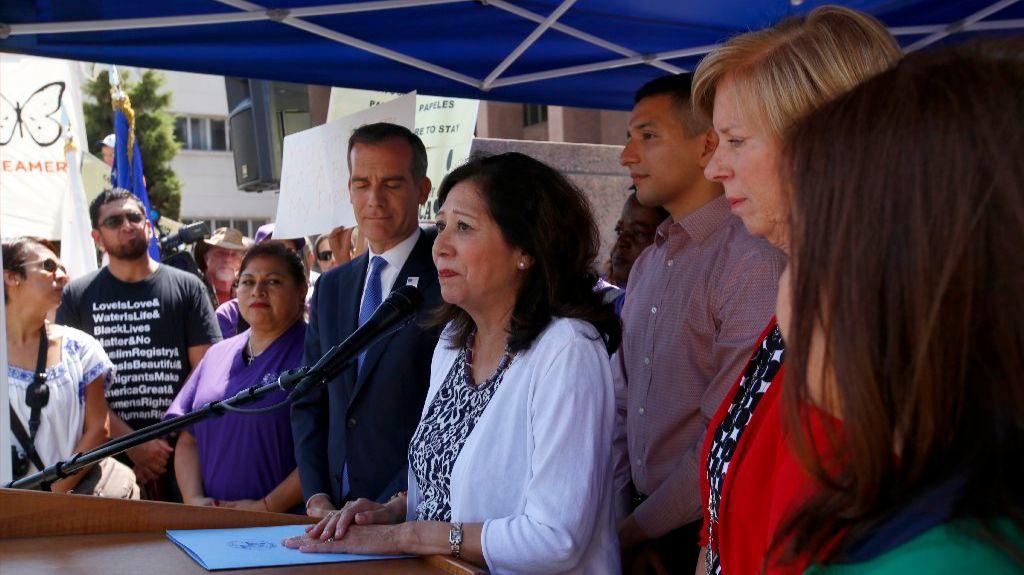Los Angeles County Supervisor Hilda Solis speaks about DACA outside the Hall of Administration. (Francine Orr / Los Angeles Times)