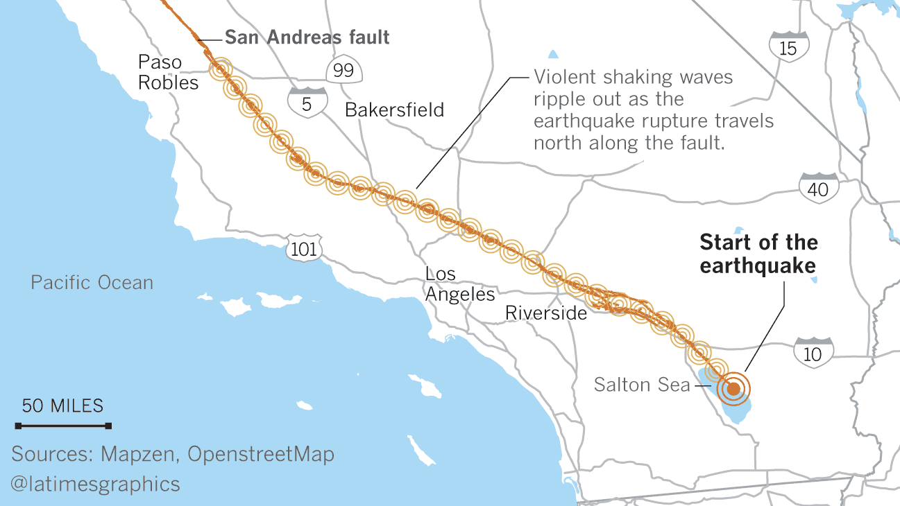 Here's what a hypothetical magnitude 8.2 earthquake would look like in Southern California -- a quake that begins near the Mexican border and moves north and west through Los Angeles County into Central California.