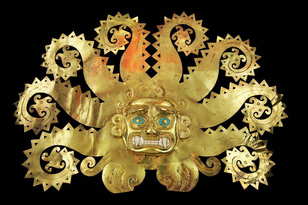 An octopus frontlet from AD 300-600 by the Moche people of northern Peru, in "Golden Kingdoms" at the Getty Museum.