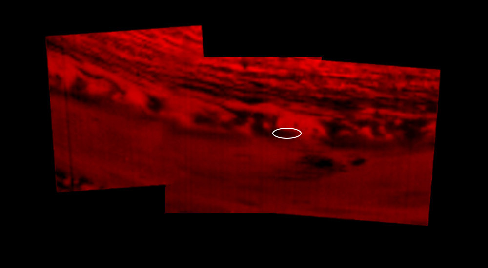 This montage of images, made from data obtained by Cassini's visual and infrared mapping spectrometer, shows the location on Saturn where the NASA spacecraft entered Saturn's atmosphere.