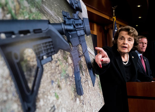 Sen. Dianne Feinstein (D-Calif.) and Sen. Richard Blumenthal (D-Conn.) hold a news conference to introduce legislation to ban the sale and possession of gun bump stocks. (Bill Clark / CQ Roll Call)