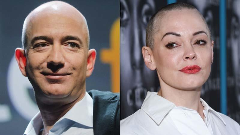 Amazon founder Jeff Bezos and actress Rose McGowan. (Spencer Platt / Getty Images, left; Rex Buckner / Zuma Press / TNS, right)