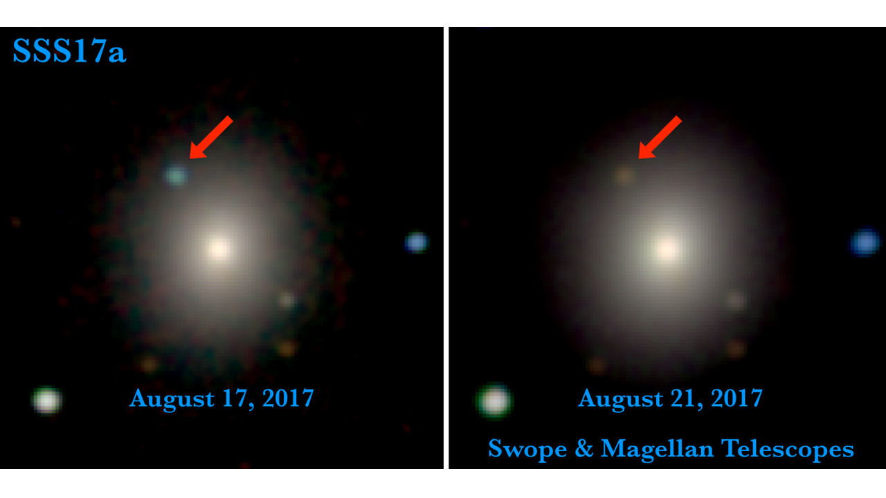 The left image is from 11 hours after the LIGO/Virgo detection of the gravitational wave source. It contains the first optical photons of a gravitational wave source. The right image is from four days later. The aftermath of a neutron star merger is marked with a red arrow.