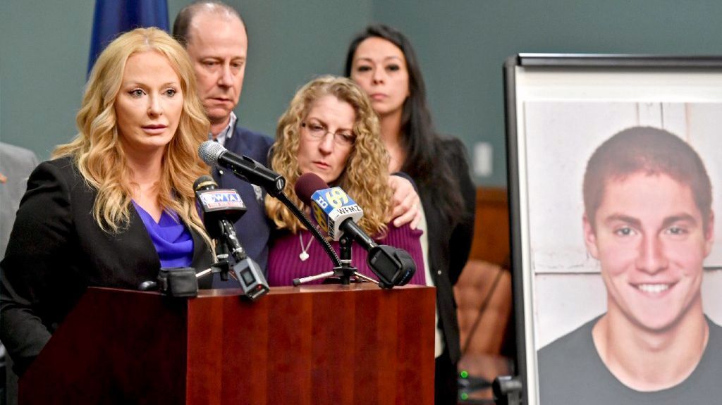 Centre County, Pa., Dist. Atty. Stacy Parks Miller, left, announces findings from an investigation into the death of Penn State University fraternity pledge Tim Piazza, shown at right.