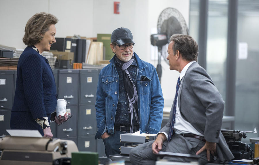 Meryl Streep, left, talks to director Steven Spielberg and costar Tom Hanks on the set of "The Post." (Niko Tavernise)