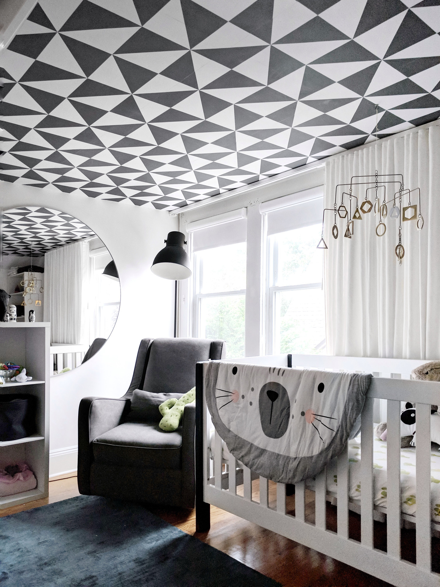 5th Wall: Designer Crystal Sinclair used graphic wallpaper by Chasing Paper on a nursery ceiling. Cr