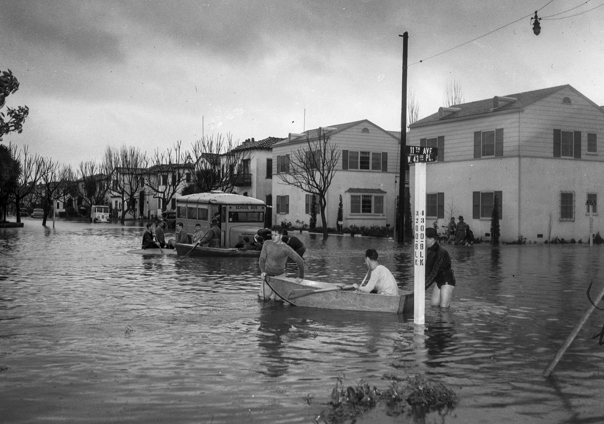 March 2, 1938: Flooding at West Forty-Third Place and 11th Avenue near Leimert Boulevard with stuck