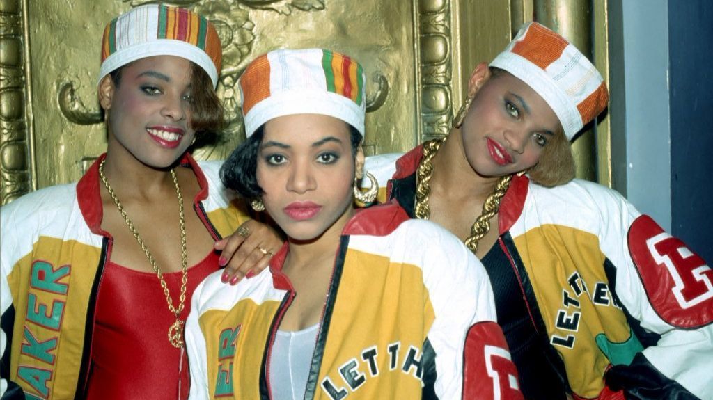 Rappers Salt-N-Pepa and DJ Spinderella wearing Dapper Dan's originals in 1988.