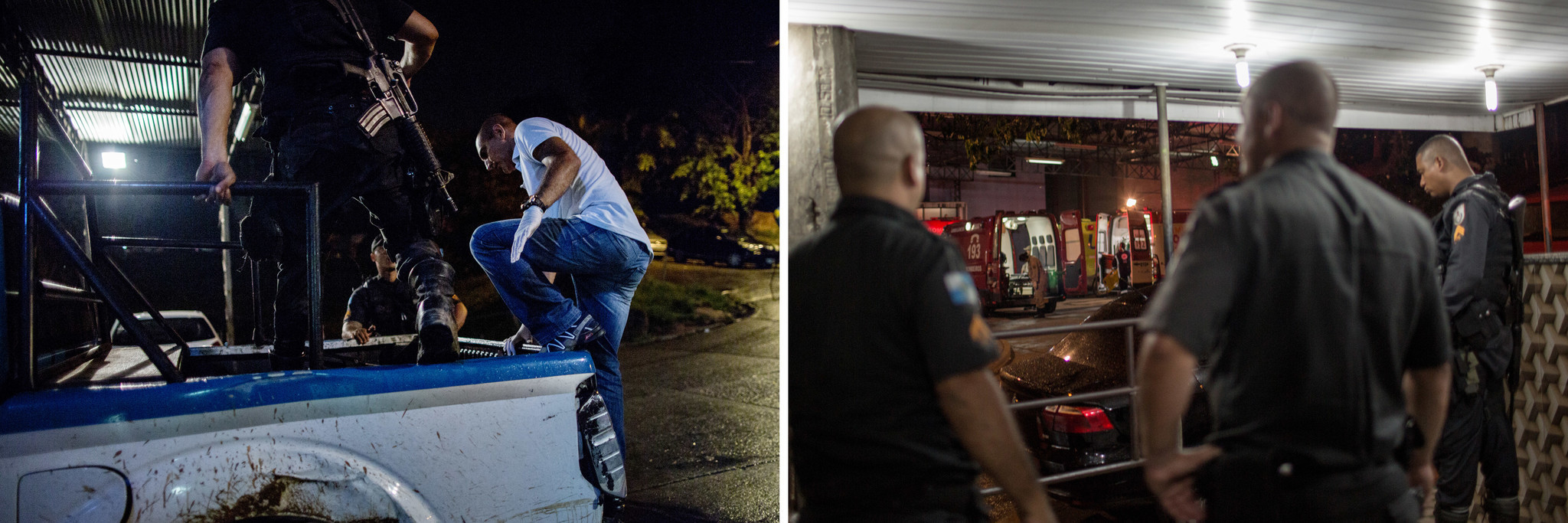 Left, A police car arrives with two gunshot victims at Nova Iguacu General Hospital. Right, police o