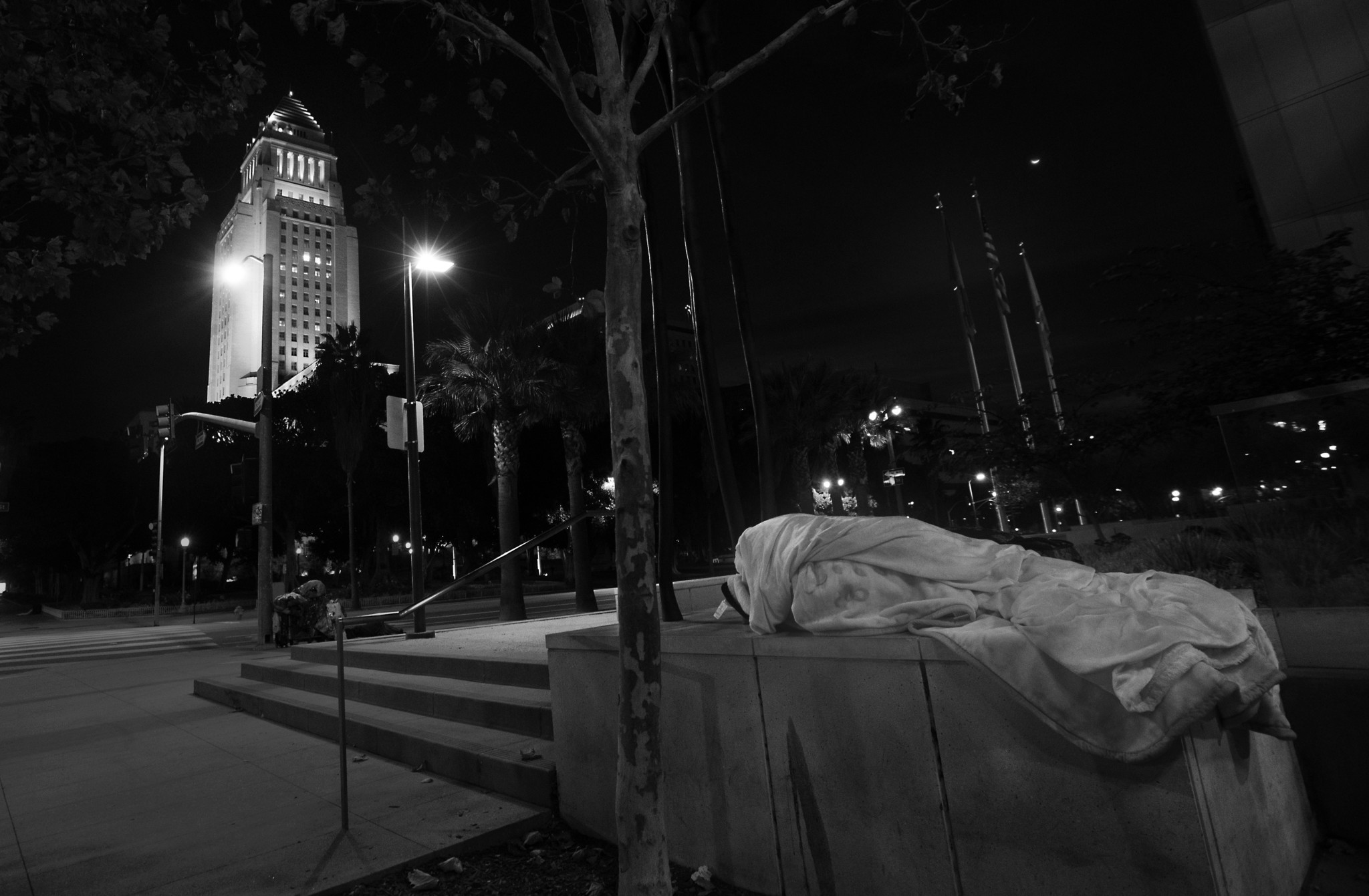 A PERSON sleeps at 1st and Spring streets, across from Los Angeles City Hall in November. The number