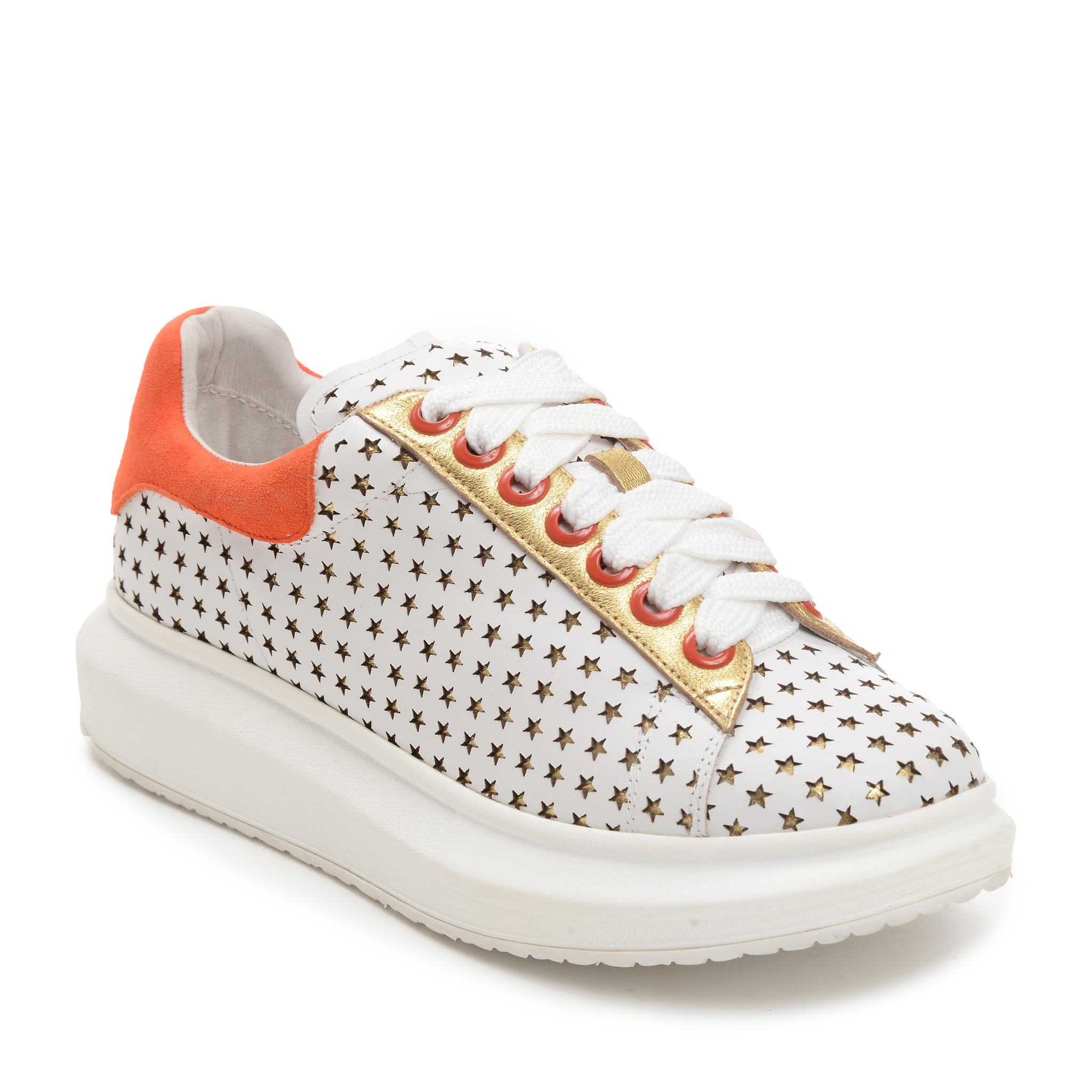 Hollie Watman’s perforated white and orange leather sneakers.