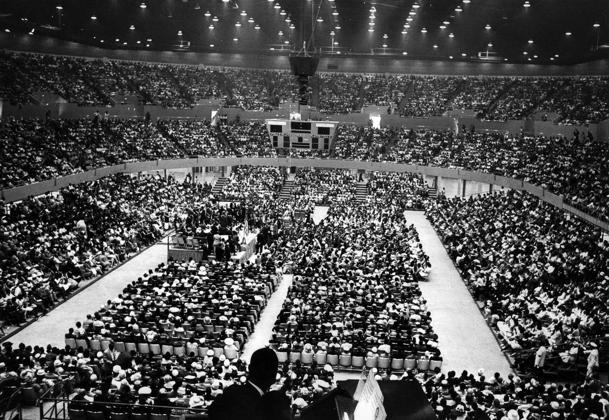 June 18, 1961: Interior of Sports Arena with crowd gathered to hear Rev. Martin Luther King, Jr. spe