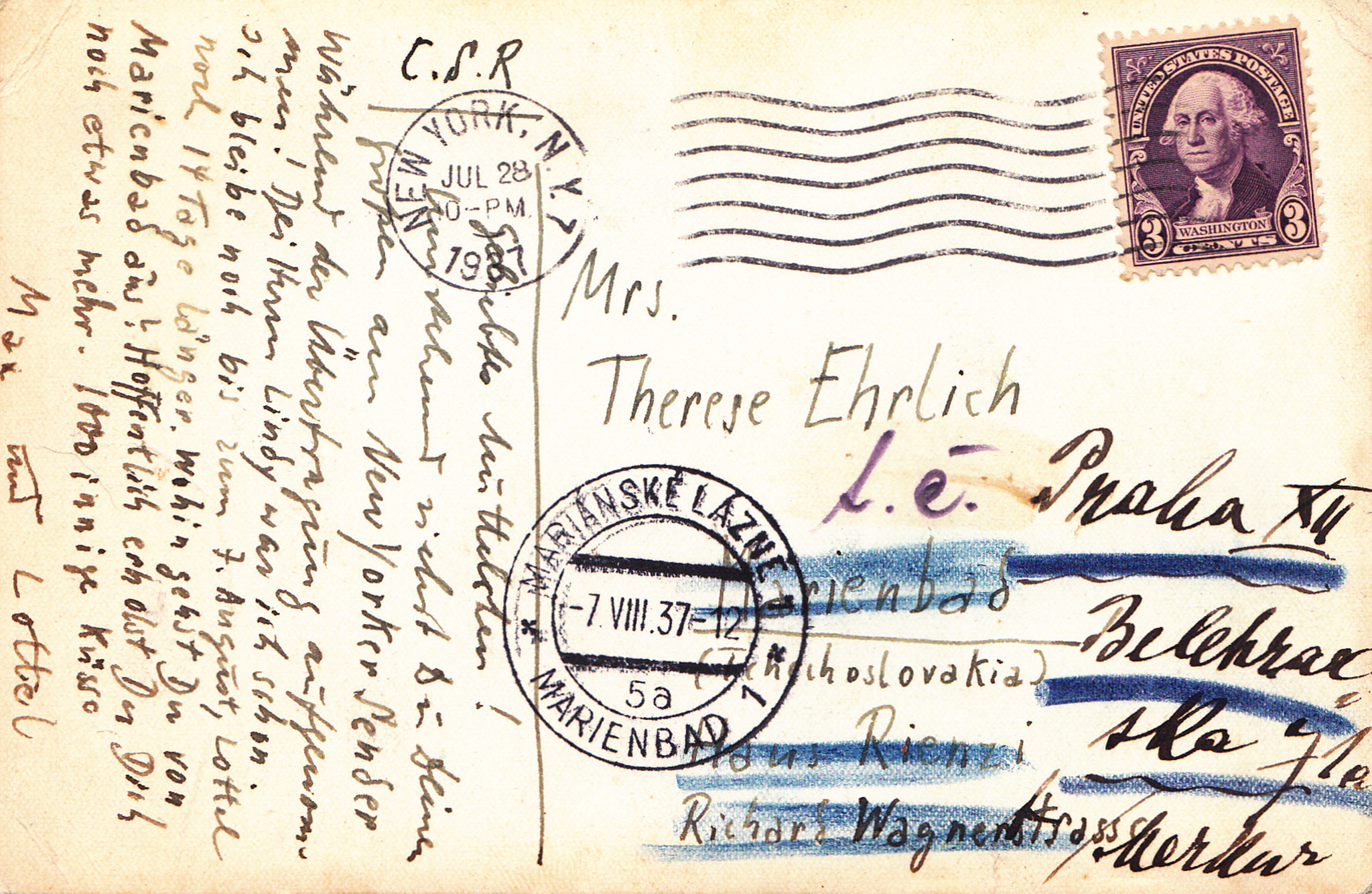 A postcard from Max Ehrlich, postmarked July 28, 1937 in New York, sent to his mother Therese about